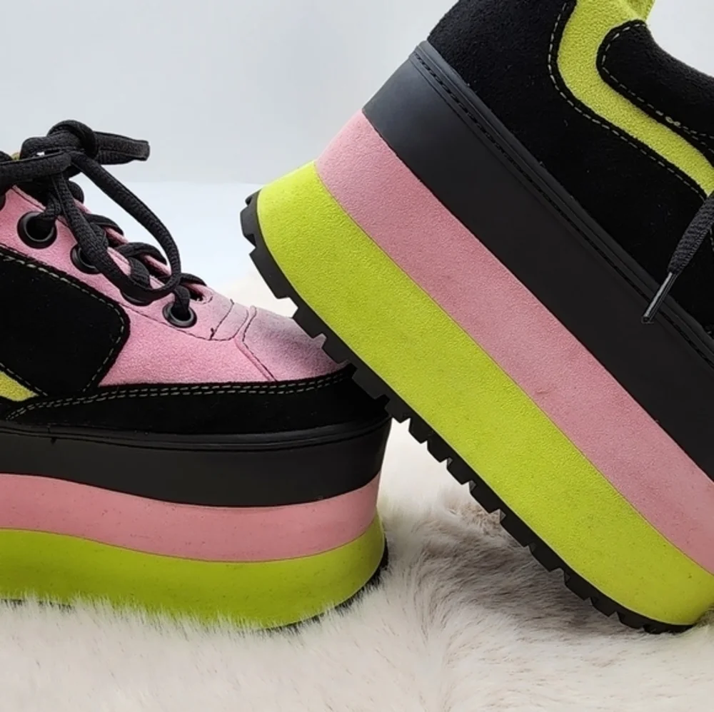 Y2K horoscope 90s HUGE neon chunky platform heel in pink green and black, velvet